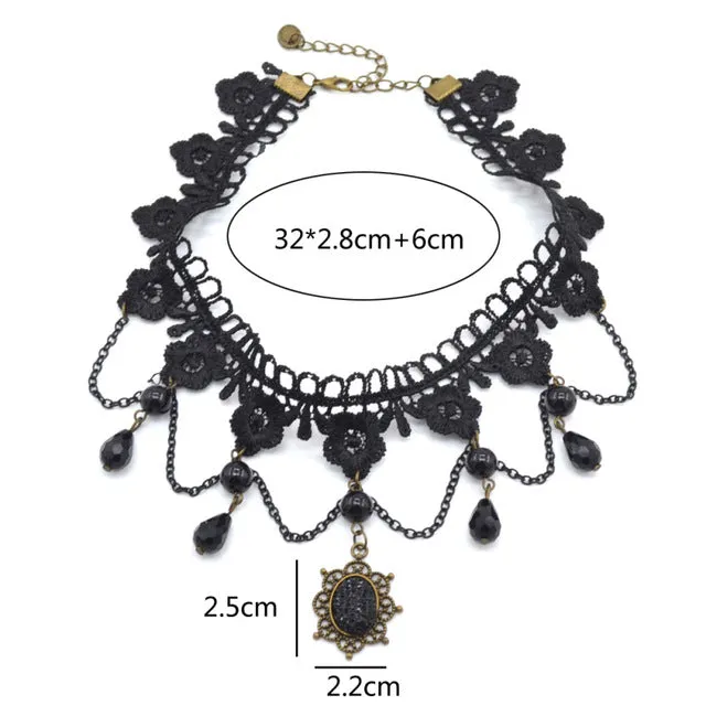 Lychee Gothic Victorian Crystal Tassel Tattoo Choker Necklace Black Lace Choker Collar Vintage Women Wedding Jewelry