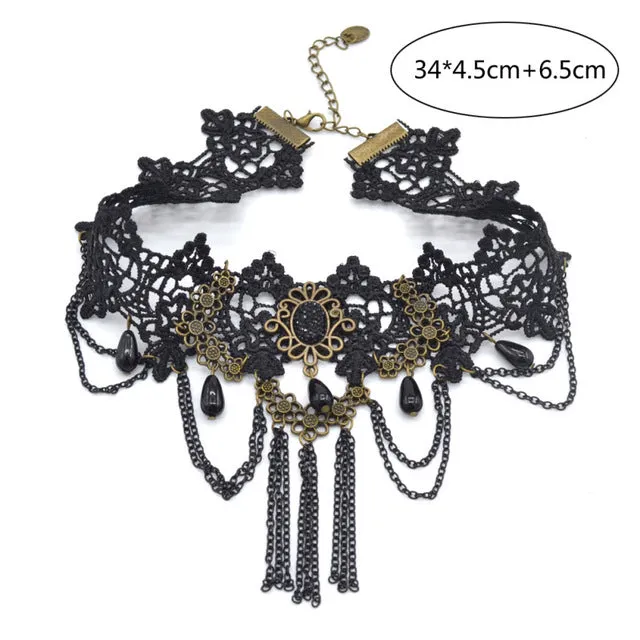 Lychee Gothic Victorian Crystal Tassel Tattoo Choker Necklace Black Lace Choker Collar Vintage Women Wedding Jewelry