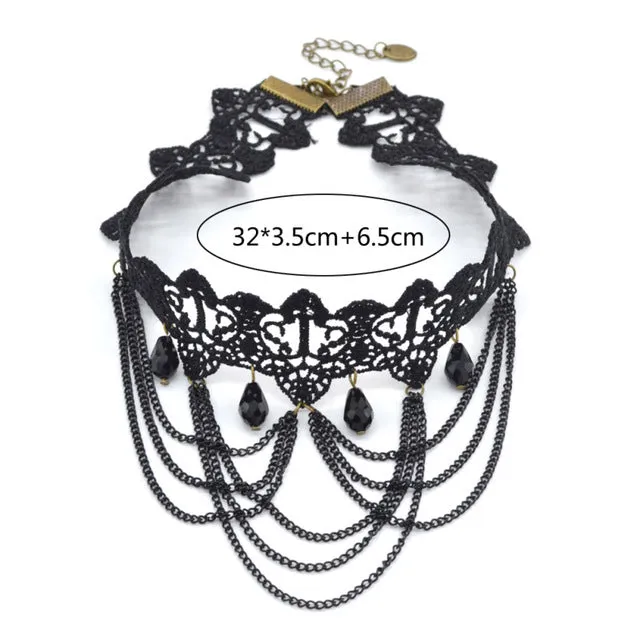 Lychee Gothic Victorian Crystal Tassel Tattoo Choker Necklace Black Lace Choker Collar Vintage Women Wedding Jewelry