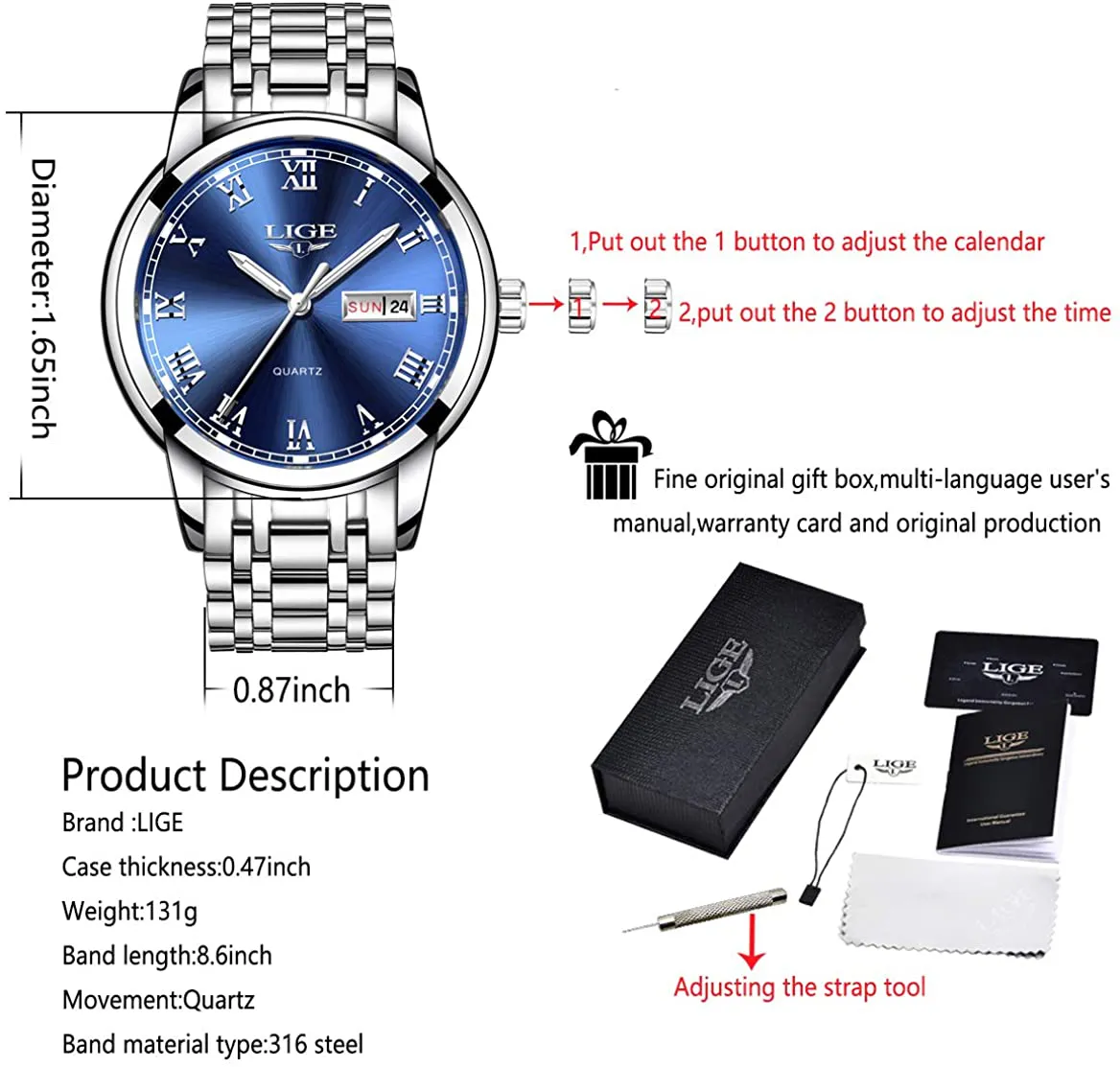 Men's Stainless Steel Analogue Quartz Watch Gents Luxury Business Dress Wrist Watch for Men