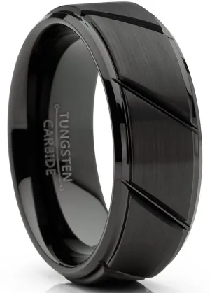 Mens Tungsten Ring Black Grooved Wedding Band Beveled Edges Comfort-Fit 8MM