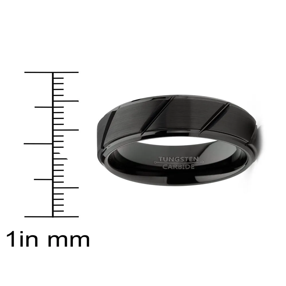 Mens Tungsten Ring Black Grooved Wedding Band Beveled Edges Comfort-Fit 8MM