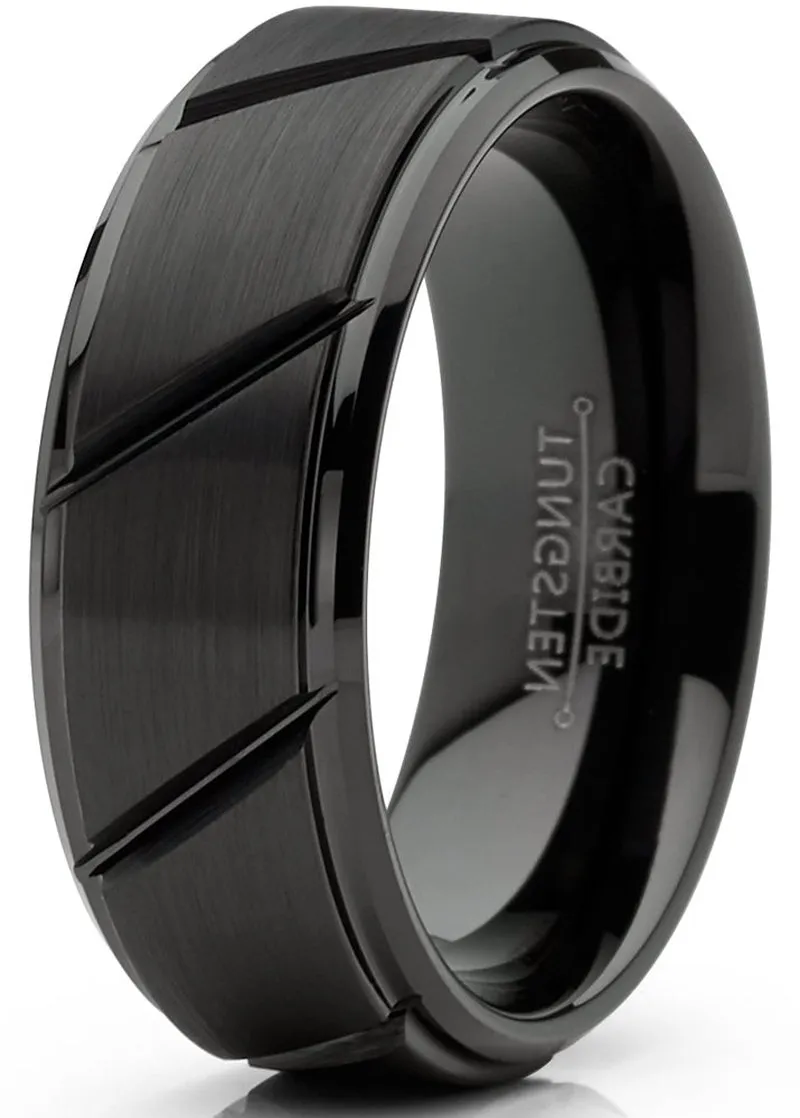 Mens Tungsten Ring Black Grooved Wedding Band Beveled Edges Comfort-Fit 8MM