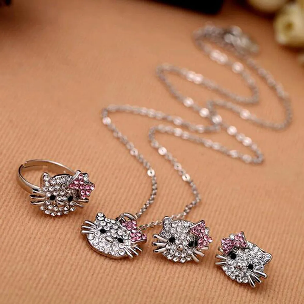 New Fashion Crystal Cat Stud Earrings Rhinestone Hello Kitty Earrings Bowknot KT Jewelry For Girls Ring,Earring and Necklace Set