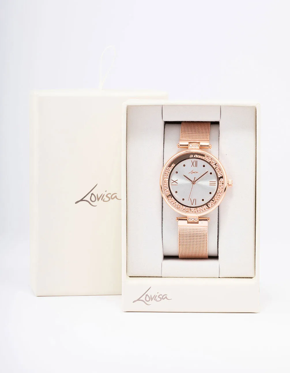 Rose Gold Crystal & Mesh Watch