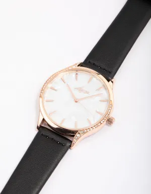 Rose Gold Pearlised Faux Leather Diamante Bezel Watch