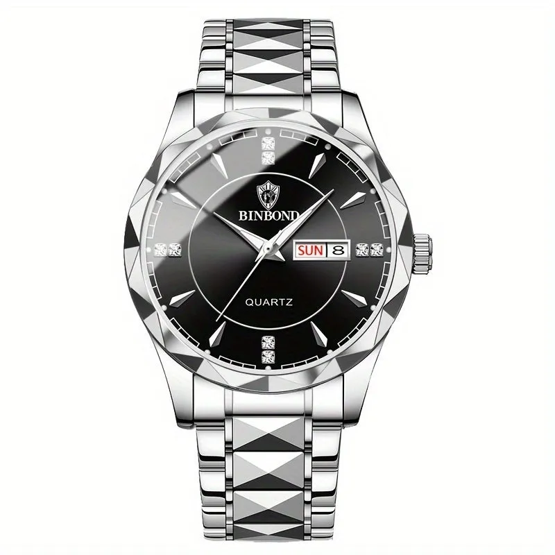 Waterproof Tungsten Steel Calendar Quartz Wristwatch Trendy Mens Timepiece