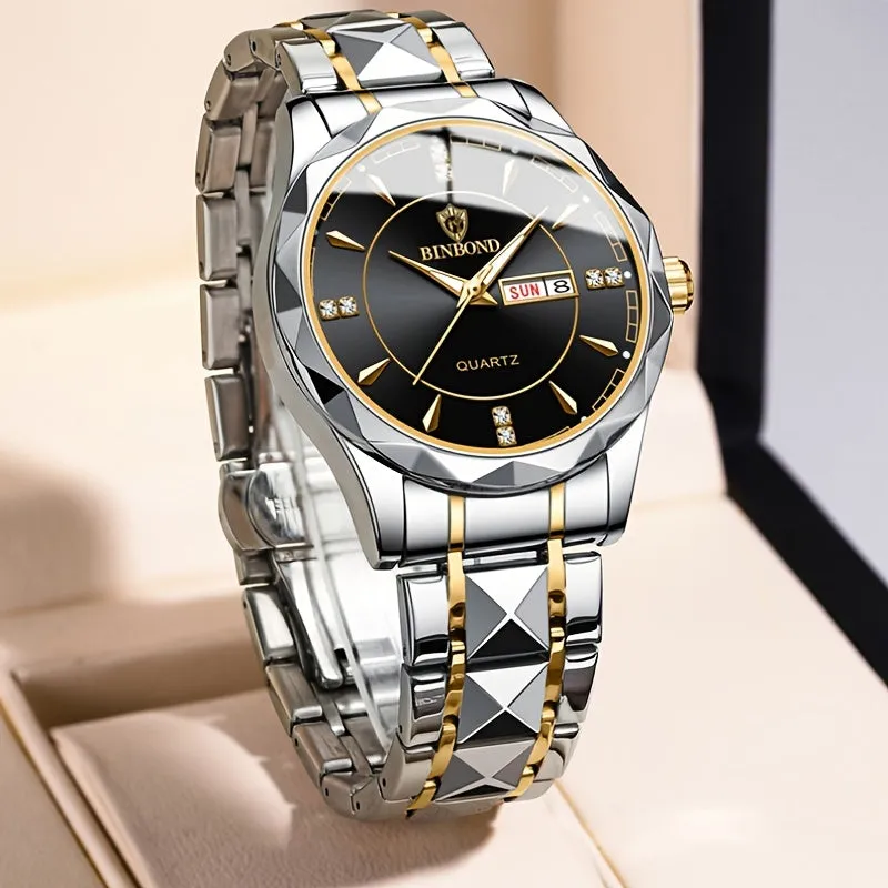 Waterproof Tungsten Steel Calendar Quartz Wristwatch Trendy Mens Timepiece