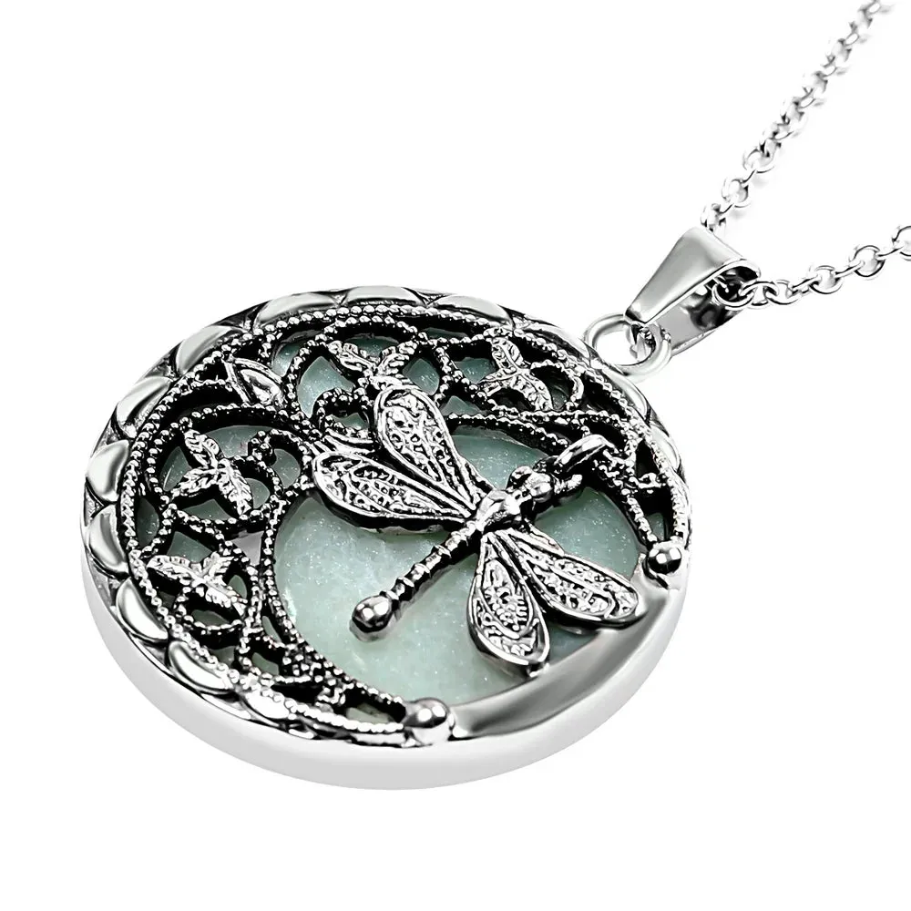 Women Dragonfly Pendant Moon Necklace Green Aventurine Floral 20" Birthday Mothers Day Gifts for Mom